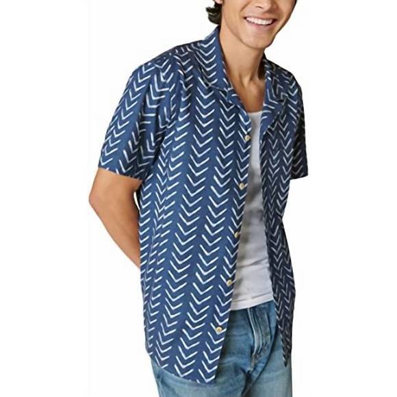 NEW LUCKY BRAND printed short sleeve camp collar shirt in indigo stripe - Picture 1 of 4